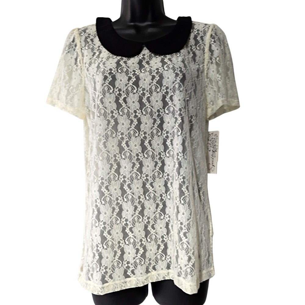 Speechless Lace Peter Pan Collar Short Sleeve Blouse Top Ivory Women's